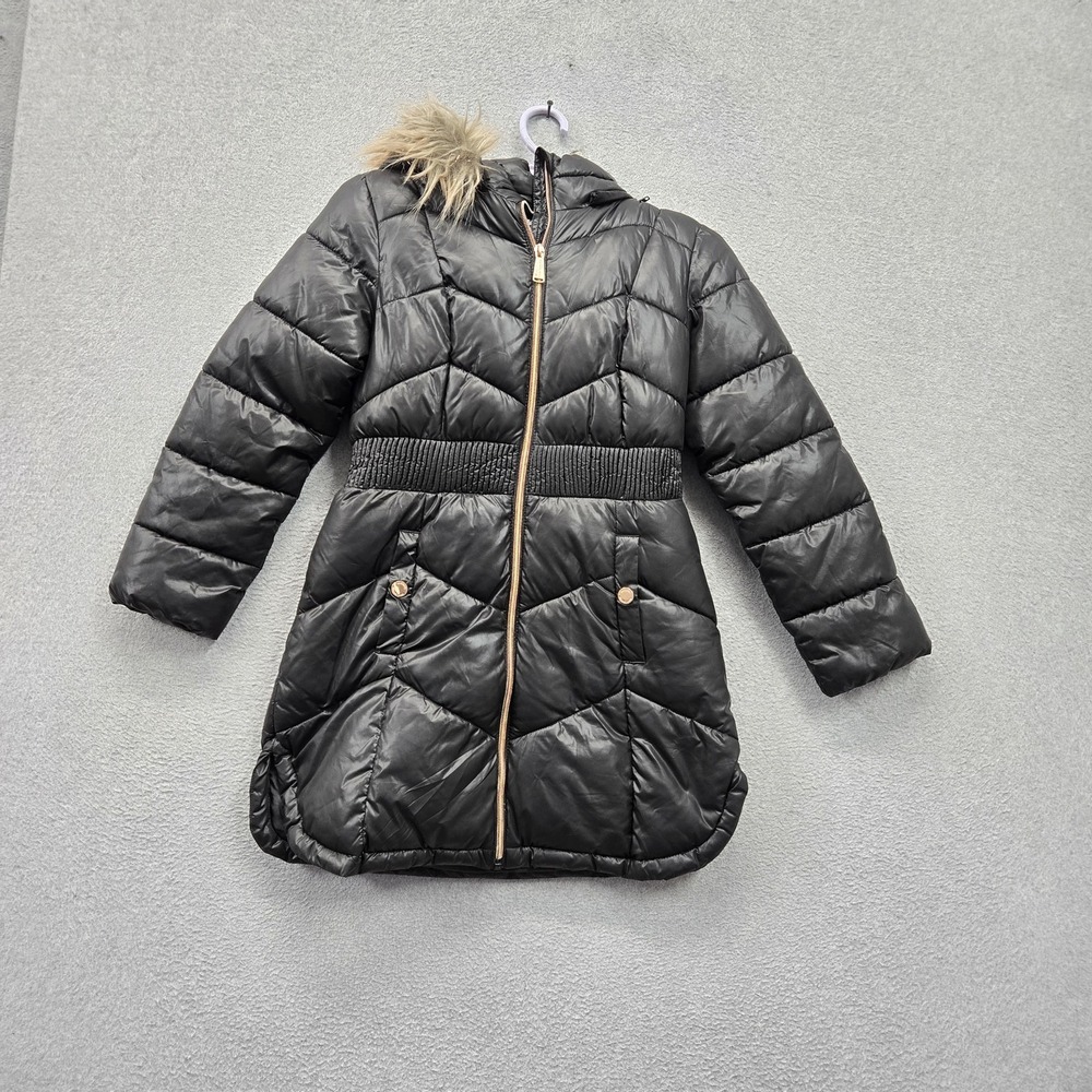 Michael Kors Girls Coat 10/12 Black Puffer Zipper Fur Trim Quilted Button